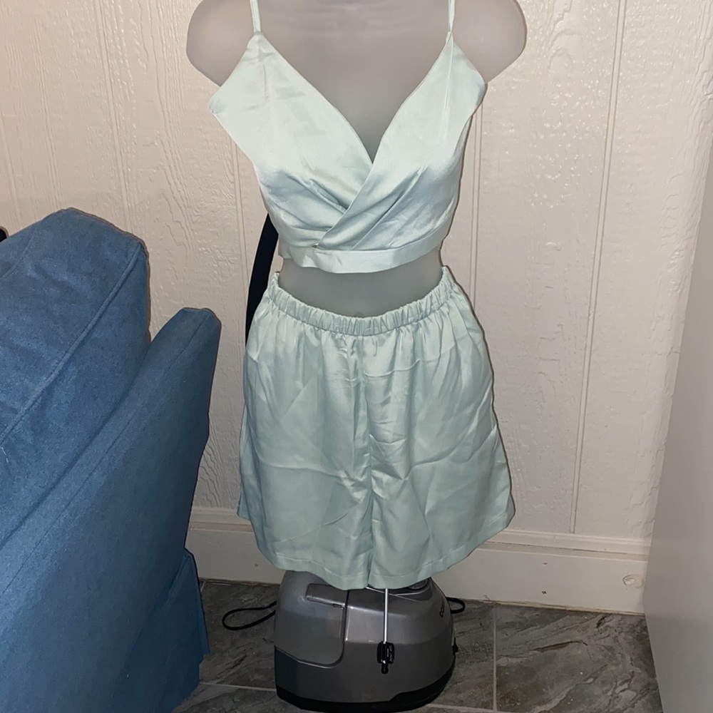 Mint green crop top and pant set